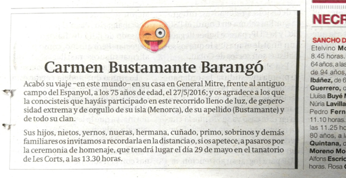 El Periódico de Cataluña publica hoy la primera esquela con emoticono